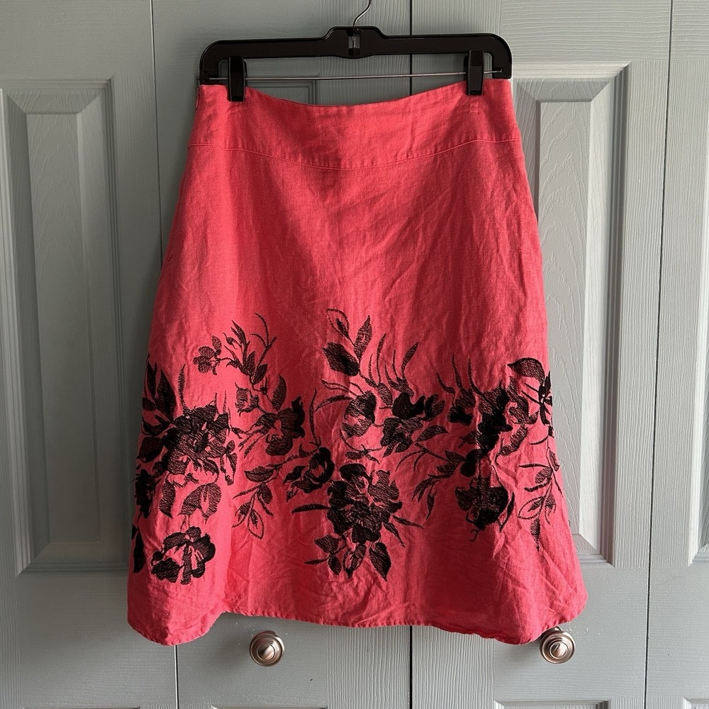 Lily Stanhope Peach Linen Blend Knee Length Skirt Size 6 Black Floral Embroidery - Picture 8 of 9